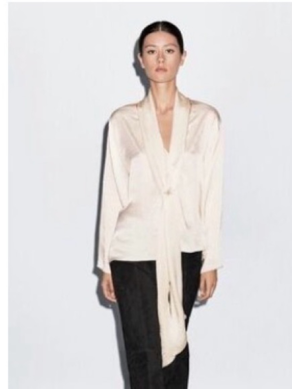 Massimo Dutti Silk Cream Long-Sleeve Tunic Top